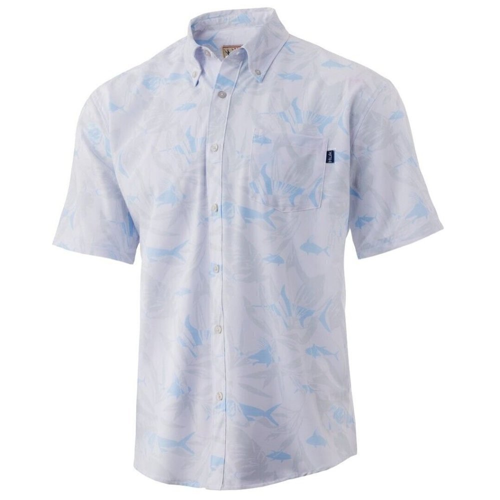 New Huk Kona Ocean Palm Shirt Mens S White Fish Print Short Sleeve Button Front